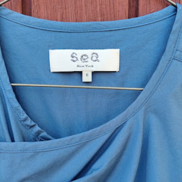 SEA NEW YORK | Blue Asymmetric Ruffle Neck Stretch Cotton Poplin Wrap Midi Dress - Picture 3 of 12